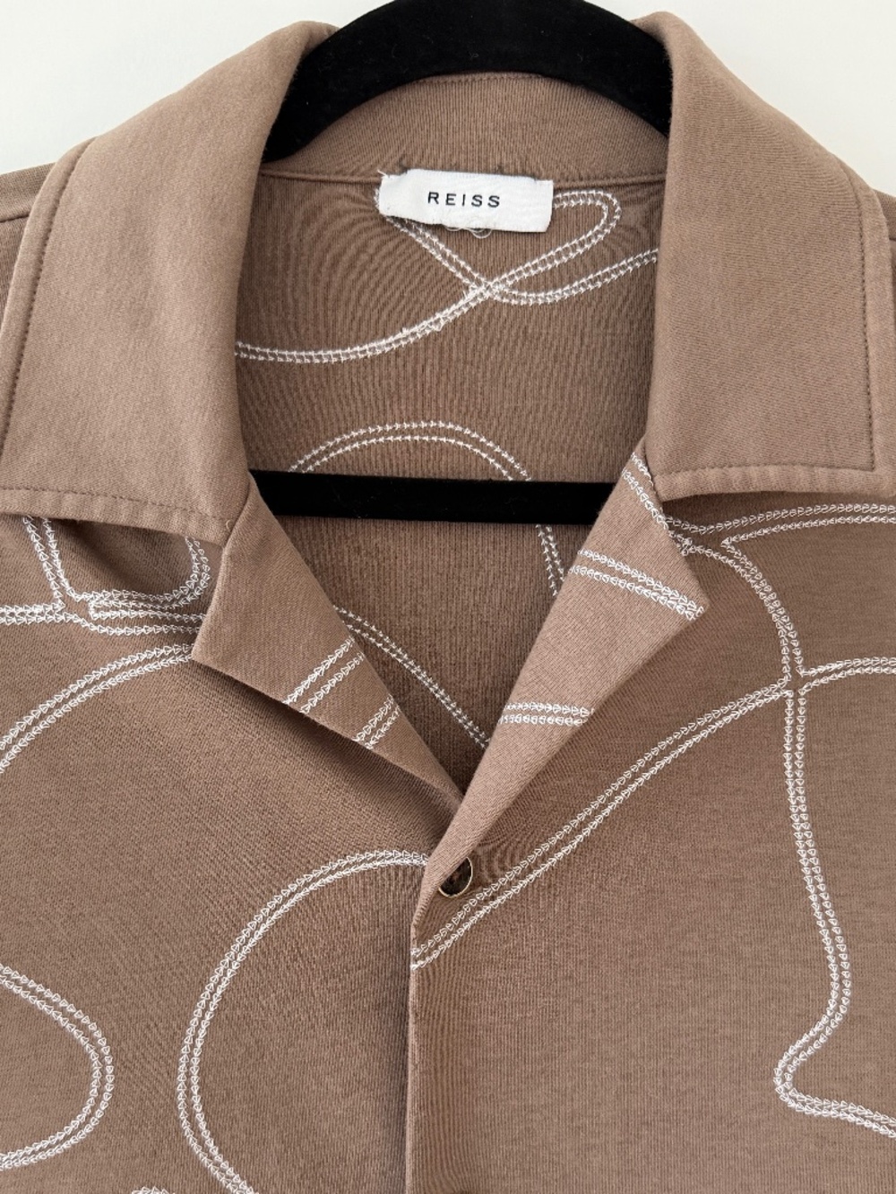 Reiss Abstract Stitch Print Camp Collar Shirt | Taupe | Men's